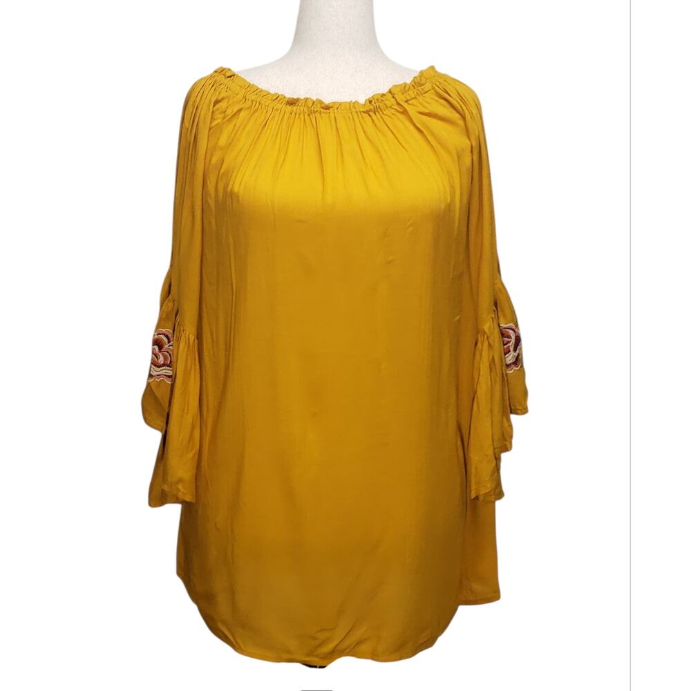 Feathers Golden Yellow Boho Embroidered Off‑Shoulder Shift Dress XL NWT